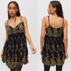 Urban Outfitters Jamie Embroidered Babydoll Dress Boho Sz XS Black Mini